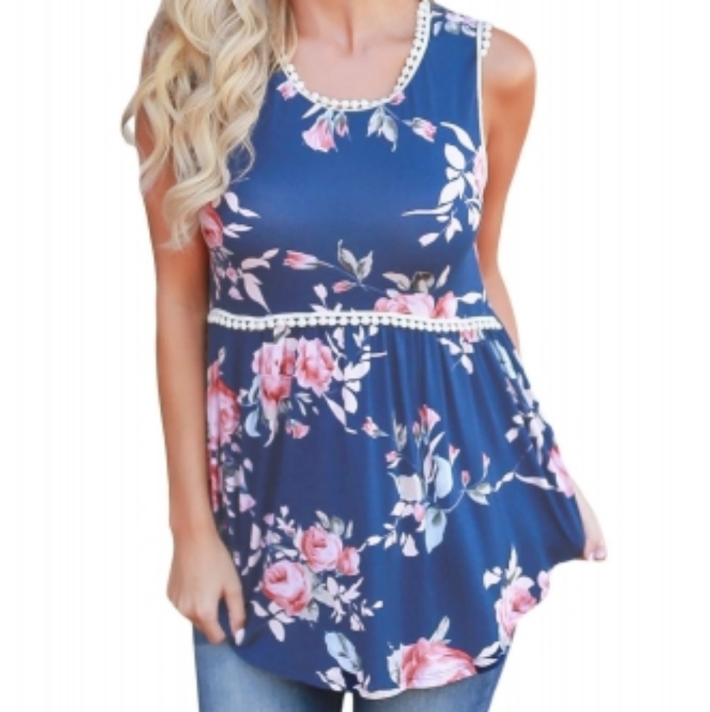 Blue Floral Pompom Lace Flowy